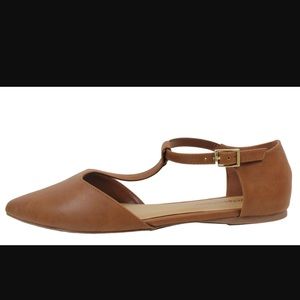 Last Few! Tan T-Strap Pointed Toe in Faux Leather